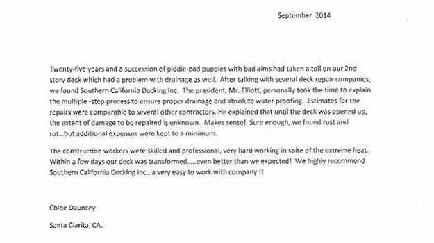 Happy client testimonial for deck waterproofing services